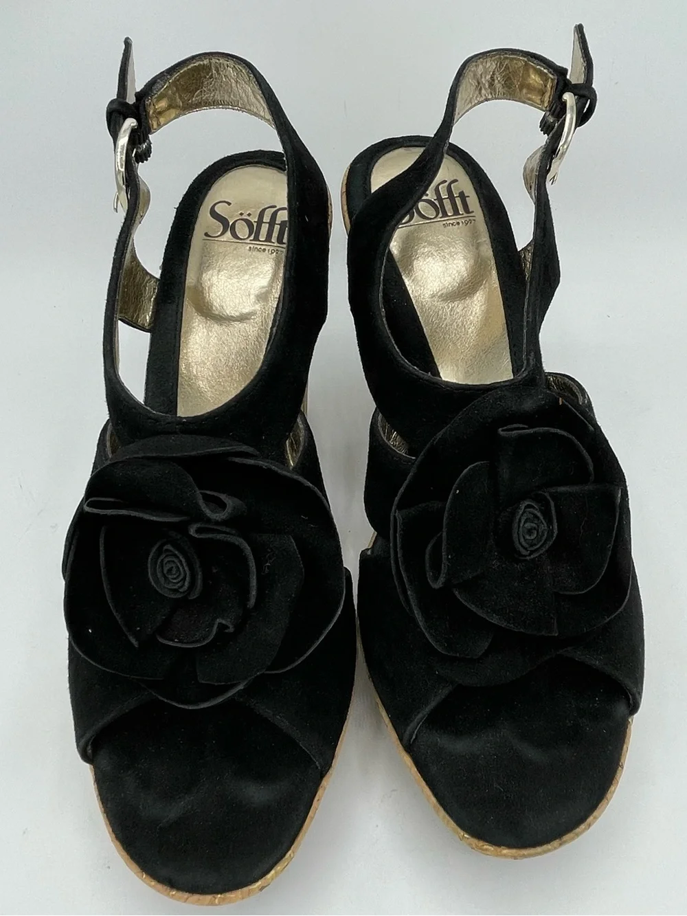 Sofft Black Suede Cork Wedge Sandals with Floral Rosette Accent.